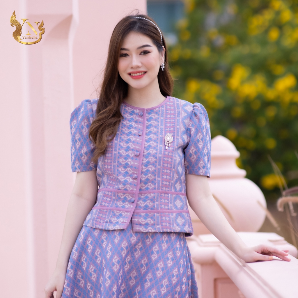 ชุดเซ็ทลายขอราชทาน ผ้าฝ้ายอัดกาว พรางพุง ใส่สวยหรู ไซส์ M-4XL มุมมองที่ 3