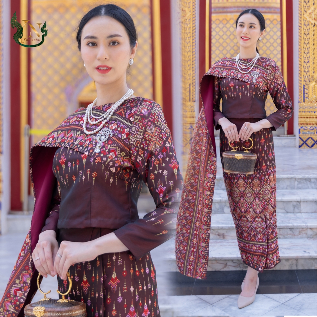 ชุดผ้าไหมไปวัด รุ่นละอองดาว สีทองแดง ใส่แล้วผอม เรียบหรู ไซส์ S-5XL