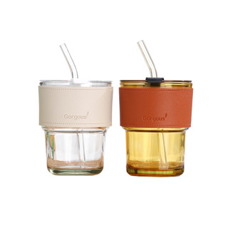 [ซื้อครบ 30.- ลดค่าส่ง 80.-] ถ้วยแก้ว แก้วใส่น้ำ 400ml แก้วกาแฟ สไตล์มินิมอล พร้อมหลอดแก้ว ฝาปิด ปลอกหนังกันร้อน