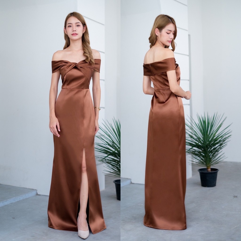 ชุดเจ้าสาวหรูมินิมอล อกทวิตพรางแขน เปิดไหล่ ผ้า Duchess Satin ไซส์ S-3XL จัดส่งเร็ว มุมมองที่ 2