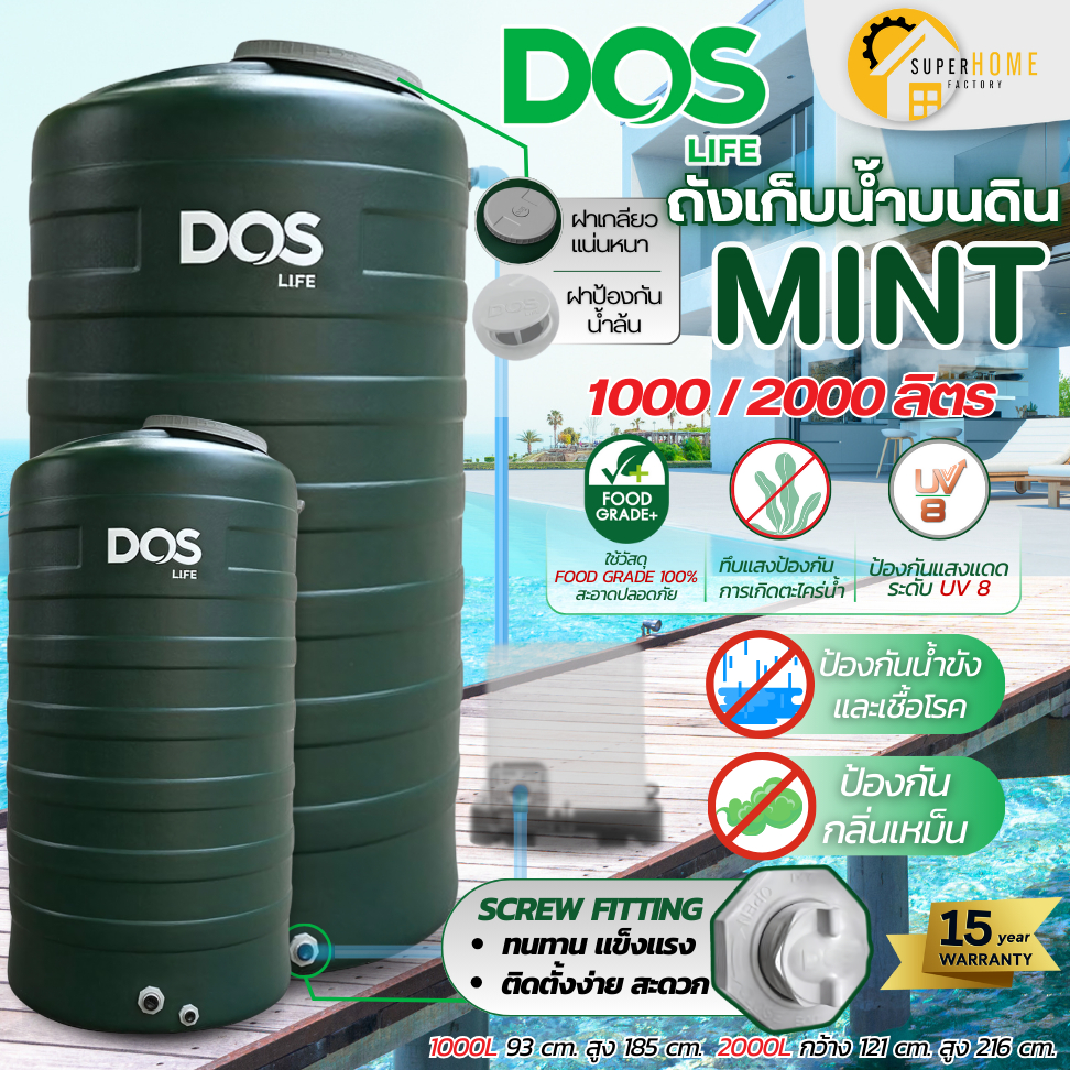  💥ถูกที่สุด💥 DOS ถังเก็บน้ำ MINT 1000 ลิตร 2000 ลิตร ทึบแสง กันตะไคร่น้ำ Illustration 