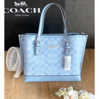 (ผ่อน0%) กระ้ป๋าสะพายข้าง Coach Mollie Tote 25 In Signature Chambray CH228 ลายซีสีฟ้า 9 นิ้ว