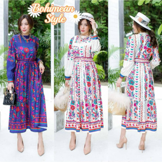 พร้อมส่งในไทย Maxi Dress Bohemian ชุดเดรสโบฮีเมียนตัวยาวผ้าโพลีเอสเตอร์ปริ้นลาย ลายสวยสีสดมาก ชุดเดรสออกงานอินเดีย