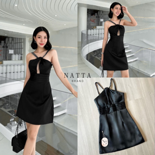 Code : M9 Natta Dress ชุดเดรสสั้นสีดำสายเดี่ยวแต่วสายเพชรเว้าอก เสื้อผ้าผู้หญิง ไซส์ Xs-L