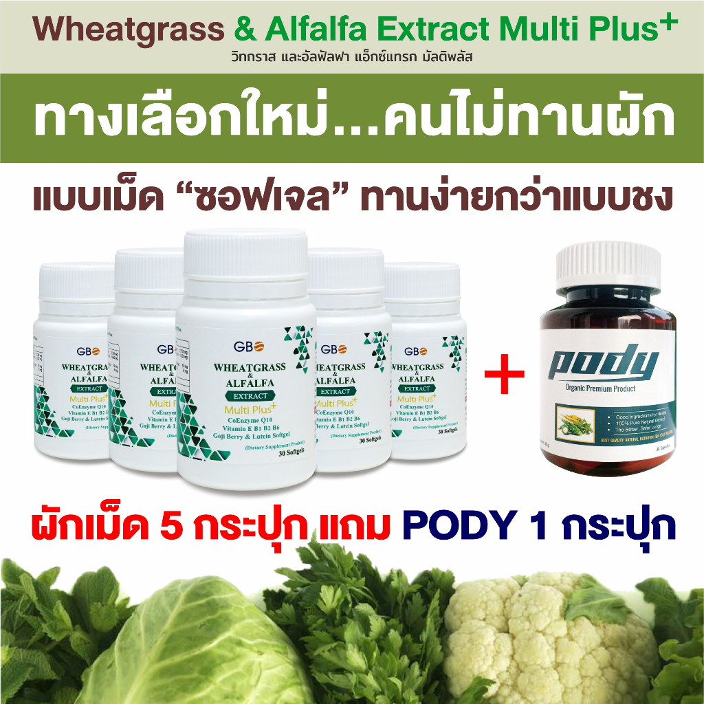 โปร-5-กระปุก-150-เม็ด-แถมฟรี-pody-1-กระปุก-ผักเม็ด-wheatgrass-amp-alfalfa-extract-multi-plus-q10