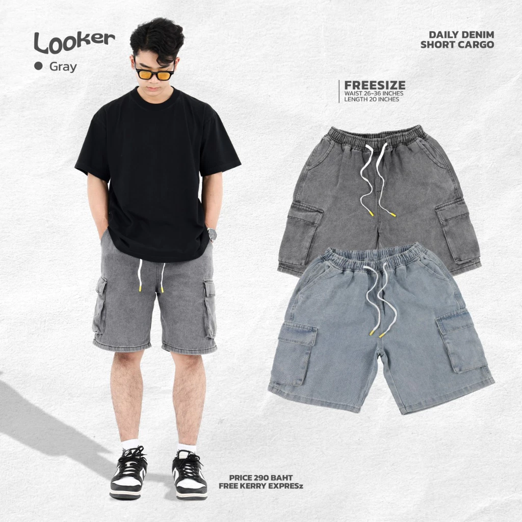 LOOKER - กางเกงยีนส์ขาสั้นเอวยางยืด cargo กางเกงคาร์โก้ขาสั้น สีฟอก สีดำ