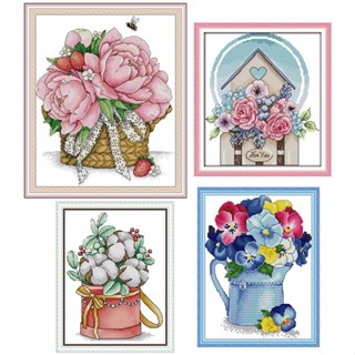 ชุดปักครอสติชพิมพ์ลาย ดอกไม้ ตะกร้าดอกไม้ แจกันดอกไม้ (Bouquet cross stitch kit)