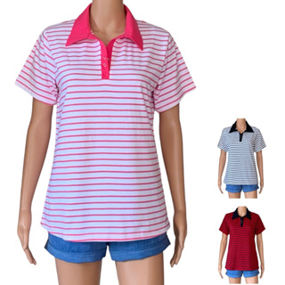 เสื้อโปโลผู้หญิง แขนสั้น  ลายริ้วทอ 3 สี รอบอกเสื้อ 38 นิ้ว  ผ้าคอตตอน ลายทาง Striped Polo Shirt
