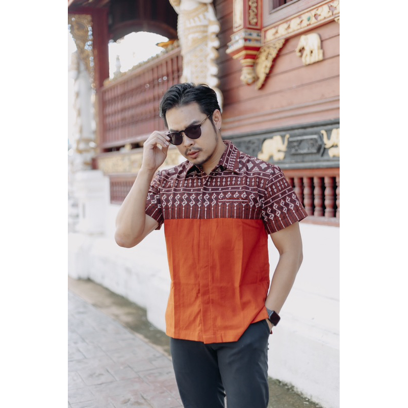 เสื้อผ้าฝ้ายฟอกนุ่มผ้าฝ้ายพิมพ์ลาย no.16ส้มสั้น