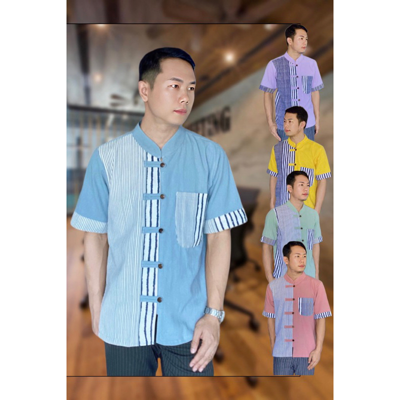 new-เสื้อพื้นเมืองผู้ชายทูโทนลายบาร์โค๊ด