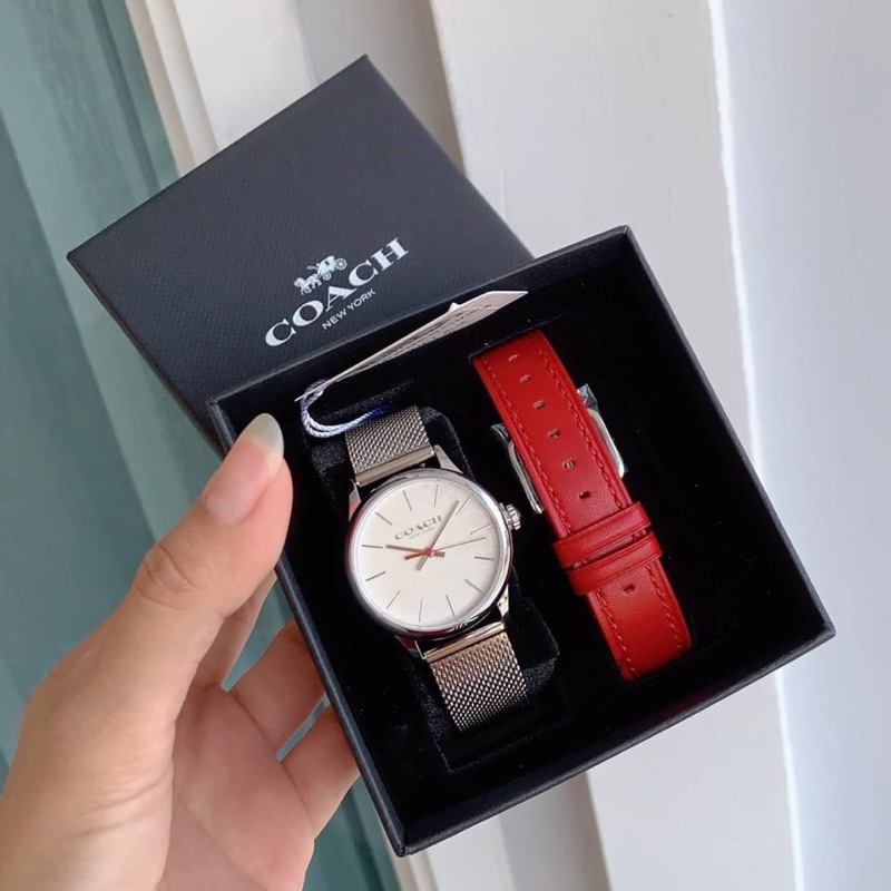 ผ่อน0-เซ็ทนาฬิกา-coach-ce785-ruby-watch-gift-set-14000086-หน้าปัดกลม-32-mm-สายหนังสีแดง-สายสแตนเลสสีเงิน