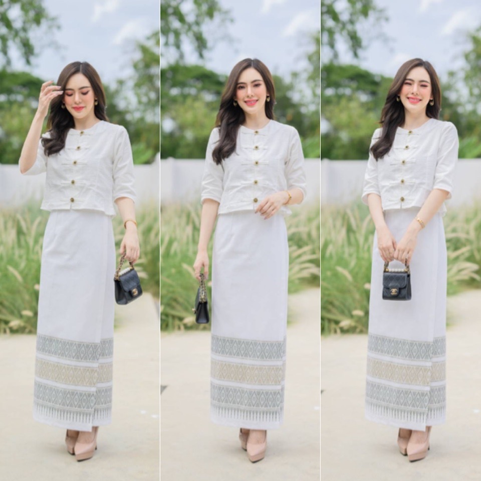 ชุดขาวดำผ้าฝ้ายเชียงใหม่ เสื้อกาสะลองแขนยาว+ผ้าถุง ไซส์36-48 ราคาคุ้มค่า ใส่งานขาวดำ มุมมองที่ 6