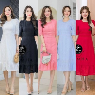 เดรสออกงาน5สี!!! S-6XL Maxi Dress ชุดไปวัด,เดรสดำ,เดรสขาวผ้าฉลุลายแขนพอง งานป้าย Tarm Ha