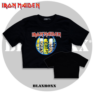 Blaxroxx เสื้อครอป วงIron Maiden® ลิขสิทธิ์แท้ (C-IRM001) เสื้อยืดคอกลมแขนสั้น สกรีนลายวินเทจ