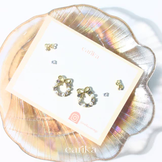 earika.earrings - mistletoe pearl ribbon set เซ็ตต่างหูรูปมิสเซิลโทคริสตัล ก้านเงินแท้ชุบทอง เหมาะสำหรับคนแพ้ง่าย