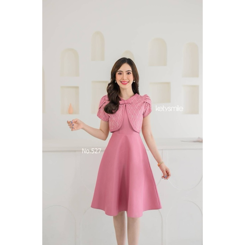 เดรสผ้าทอลาย แต่งกั๊กโบว์ ทำงานใส่สบาย อัดกาวทั้งตัว N527 S-2XL มุมมองที่ 3