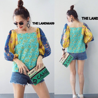 ✅พร้อมส่ง✅ เสื้อคอเหลี่ยม ตัดต่อลาย แขนตุ๊กตา  อก38” Thelandmark