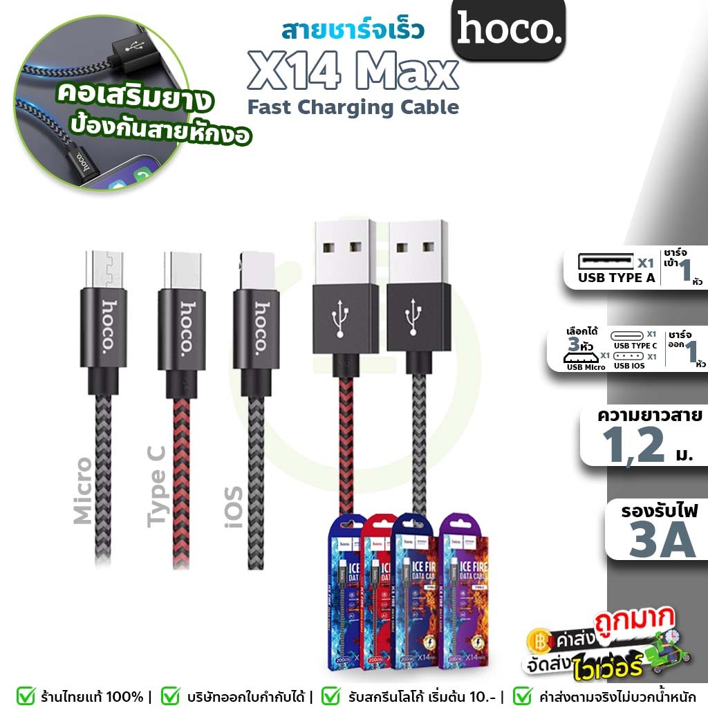 ราคาและรีวิว️จ่ายไฟแรง ️ Hoco X14 max ยาว 1เมตร/2เมตร มีครบทุกหัว iOS / Micro USB / Type-C จ่ายไฟ 3A MAX สายชาร์จ ถักไนล่อน hc1
