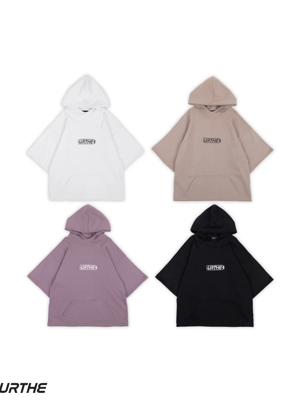 URTHE - เสื้อฮู้ด แขนสั้น OVERSIZE สกรีนลาย รุ่น THE PART HOODIE สีดำ สีขาว สีม่วง สีน้ำตาล