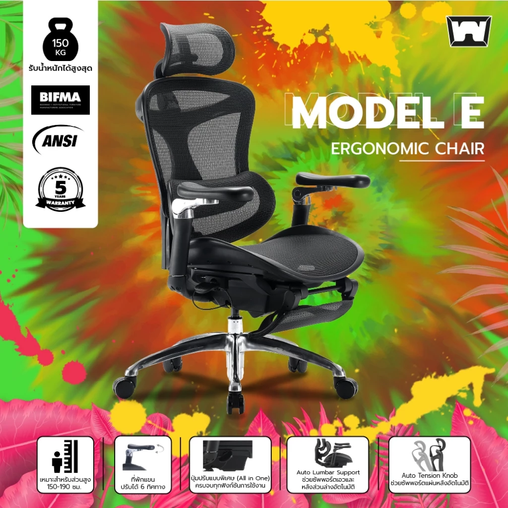 Work Station - Ergonomic chair เก้าอี้ทำงานเพื่อสุขภาพ รุ่น Model E เก้าอี้สีดำ เก้าอี้สีเทา ลดอาการปวดเมื่อย ระบายอากาศดีเยี่ยม เก้าอี้พนักพิงสูง เหล็กชุบโครเมียม ราคาดีรองรับน้ำหนัก 150 kg.