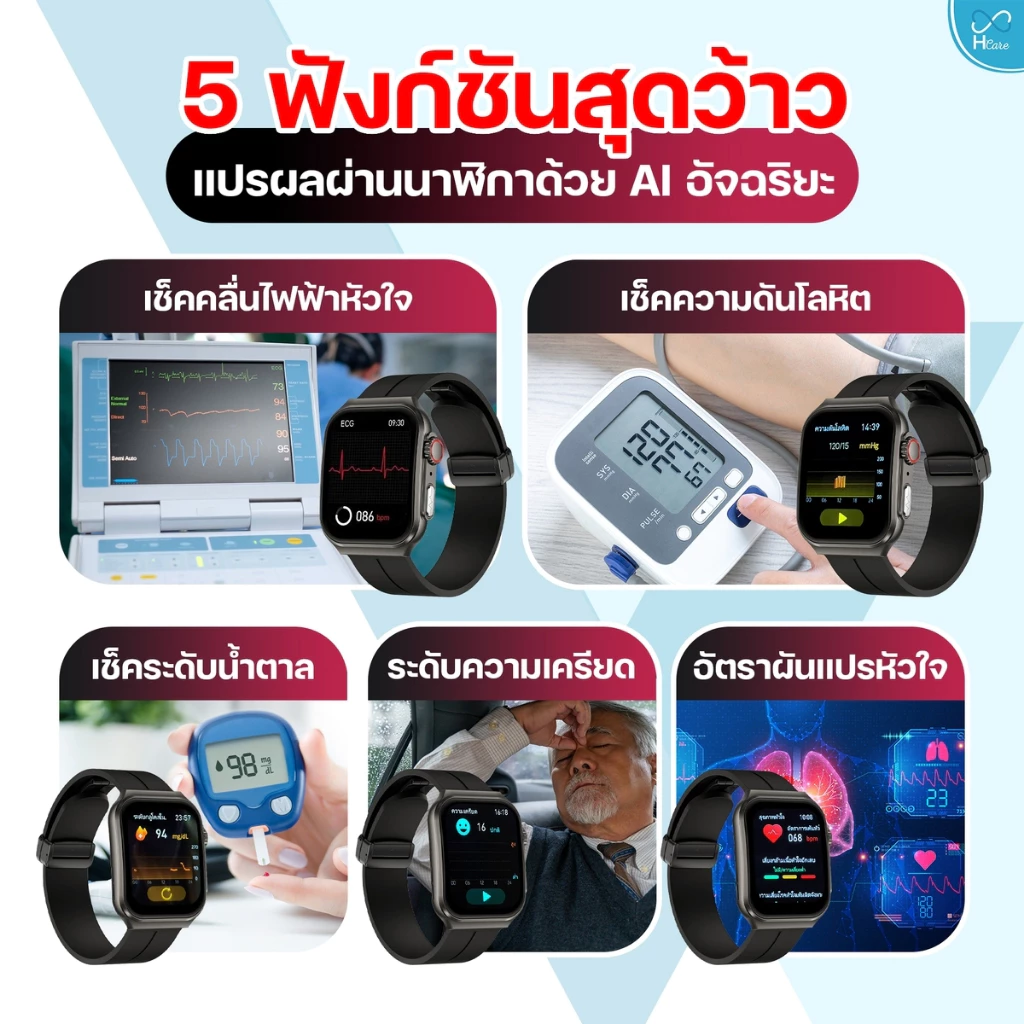 Hcare Wow 2 นาฬิกาวัดความดัน-คลื่นไฟฟ้าหัวใจ-ระดับน้ำตาล-มวลร่างกาย-รับสายโทรออก
