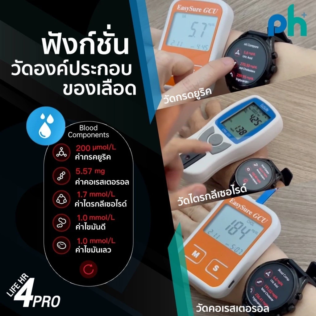Pure Health PH Life HR4 Pro นาฬิกาวัดความดัน ไขมัน น้ำตาลในเลือด กรดยูริค คลื่นไฟฟ้าหัวใจ ECG รับสายโทรออก พร้อมระบบ SOS