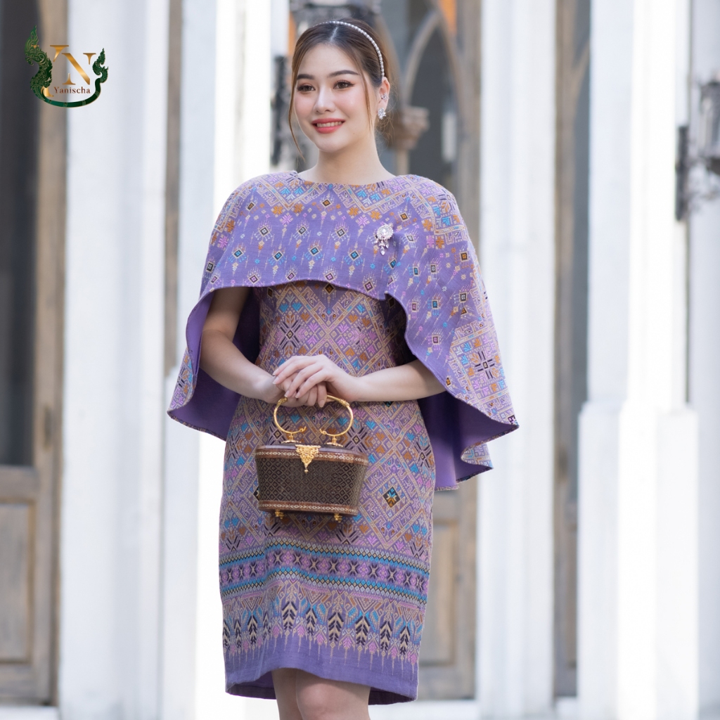 ชุดเดรสผ้าไหมปีกผีเสื้อ สีม่วงมงคล ไปวัดทำบุญ ไซส์ M-4XL ใส่สบาย มุมมองที่ 3