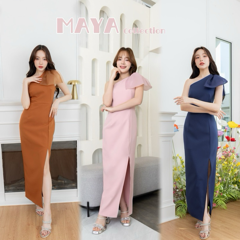 Maya G108 เดรสเบี่ยงข้างโบว์ใหญ่ ออแกนดี้ 3 สี เพื่อนเจ้าสาว 690.- ส่งฟรี