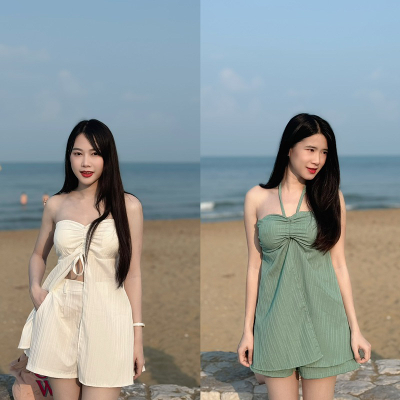 เสื้อเกาะอกผูกคอ กางเกงขาสั้น ผ้าเปลือกไม้