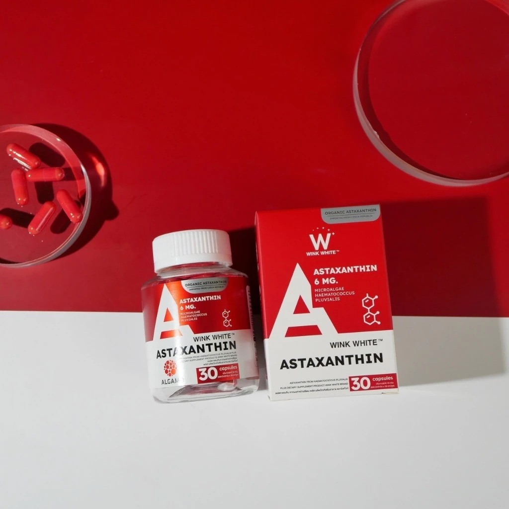 Wink White ASTAXANTHIN แคปซูล Capsules สูตรเข้มข้น 𝟔𝐦𝐠. นำเข้าจากยุโรป (x2 กระปุก) บอกลาปัญหา ฝ้าหนา ฝ้าฝังลึก ฝ้ากรรมพันธุ์ จางลง สาหร่ายสีแดง สาหร่ายฮีมาโตค็อกคัส พลูวิเอลิส Haematococcus
