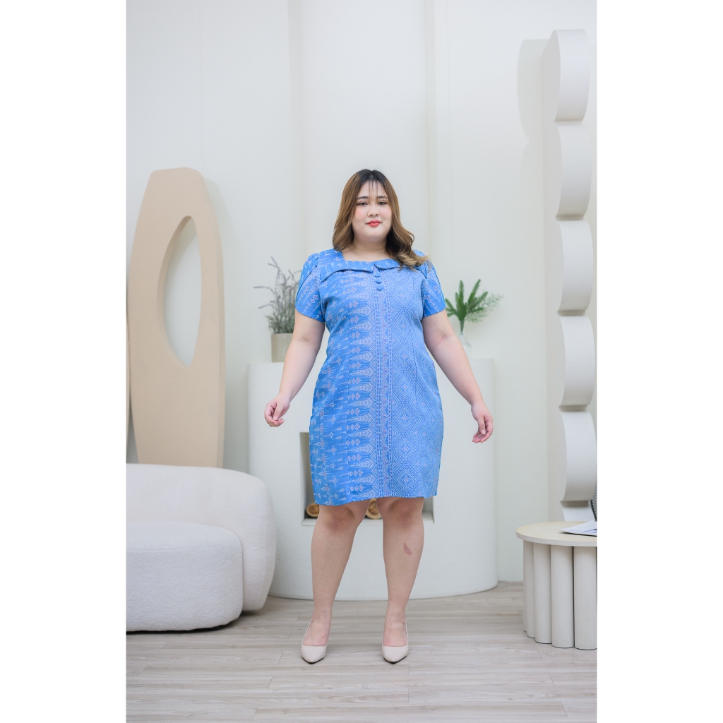 เดรสผ้าฝ้ายทอลายไซส์ใหญ่ ทรงสวยเก็บพุง อัดกาวทั้งชุด XL-5XL ผ้าไทยนำสมัย มุมมองที่ 2