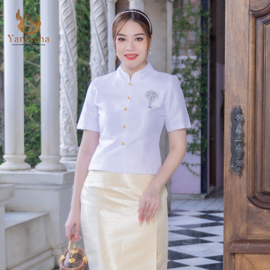 ชุดออกงานไหมแพรทิพย์กระดุมทองเกรดพรีเมี่ยม ผ้าถุงเย็บสำเร็จลายไทยสีขาว ไซส์ M-4XL มุมมองที่ 3