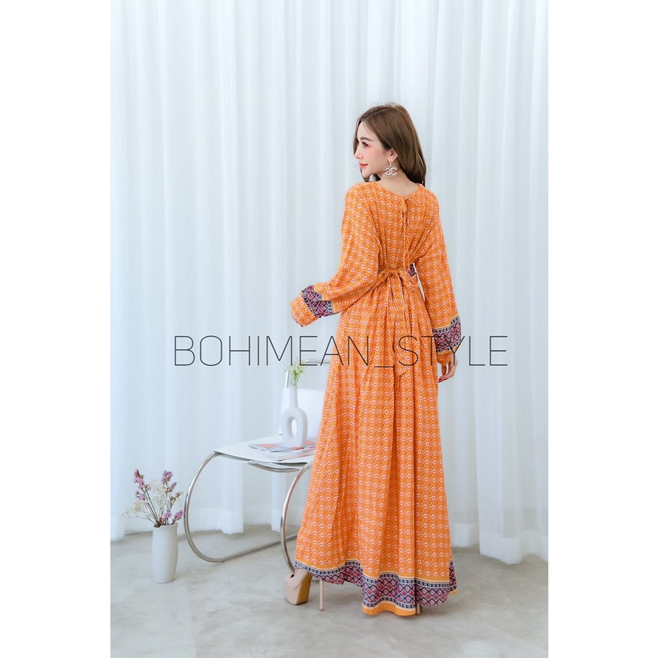 sale-maxi-dress-bohemian-style-สินค้าลดราคาพิเศษ-ชุดเดรสยาวผ้าพิมพ์ลายสไตล์โบฮีเมียน-ชุดสาวอวบใส่ออกงาน-เดรสสีส้ม