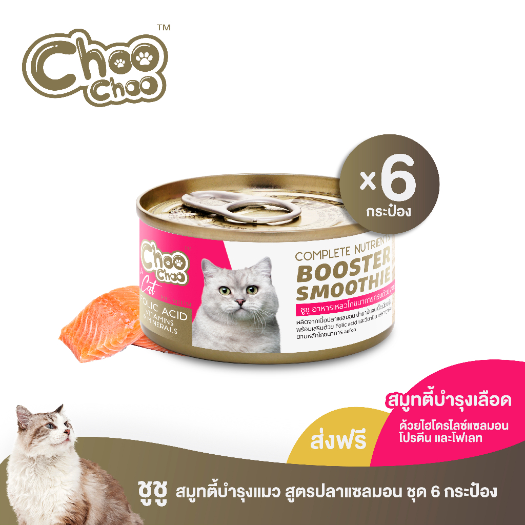 [ส่งฟรี] ChooChoo ชูชู สมูทตี้ปลาแซลมอน สูตรบำรุงเลือด 6 กระป๋อง (80กรัมx6กระป๋อง)