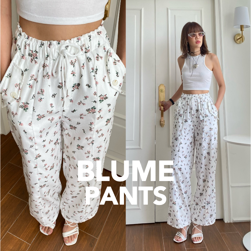 blume-pants-กางเกงขายาว-เอวสูง-ลูกฟูก-พิมพ์-ลายดอกไม้-y2k
