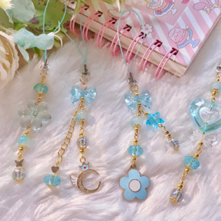 ｡✿*ﾟ Phone Strap ･✿.｡ สายคล้องมือถือ พลอยและหินนำโชคโทนสีฟ้า | Chanis Store