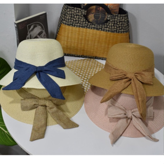 YLWหมวกสานผู้หญิงปีกกลางผูกโบว์ พร้อมส่งจากไทย A020