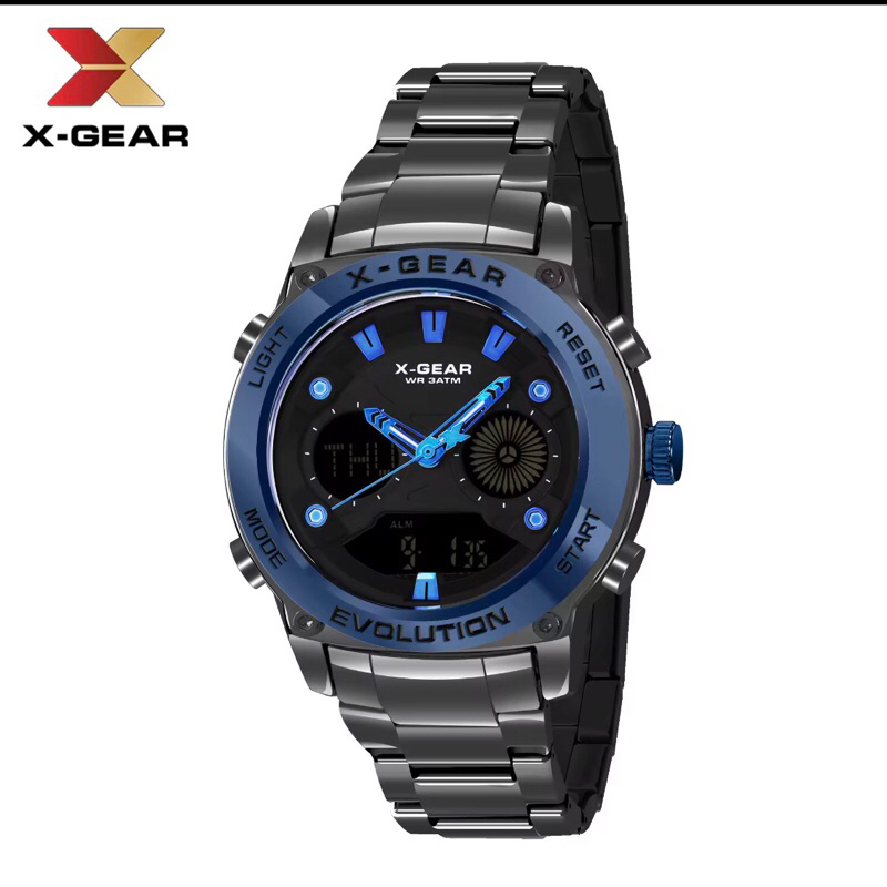 นาฬิกาข้อมือชายx-gear-ระบบquartz-digitalตัวเรือนและสายสแตนเลส2ไมครอน-ทรงกลม40มม-ไฟสวยสว่าง2atm-water-resistance