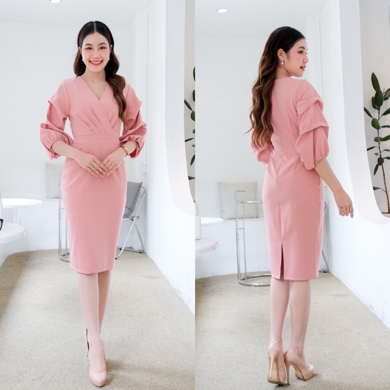 LX4105 เดรสคอวีแขนพอง เนื้อผ้าเกาหลีหรู ใส่ไปงานแต่ง-ออกงาน ไซส์ S-3XL มุมมองที่ 4
