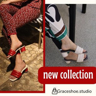 GRACE รุ่น3ปล้อง สีแดง-ขาว ไซส์ 36-43 รองเท้าผู้หญิง แตะส้นสูง 2 นิ้ว แฟชั่น หนังนิ่ม