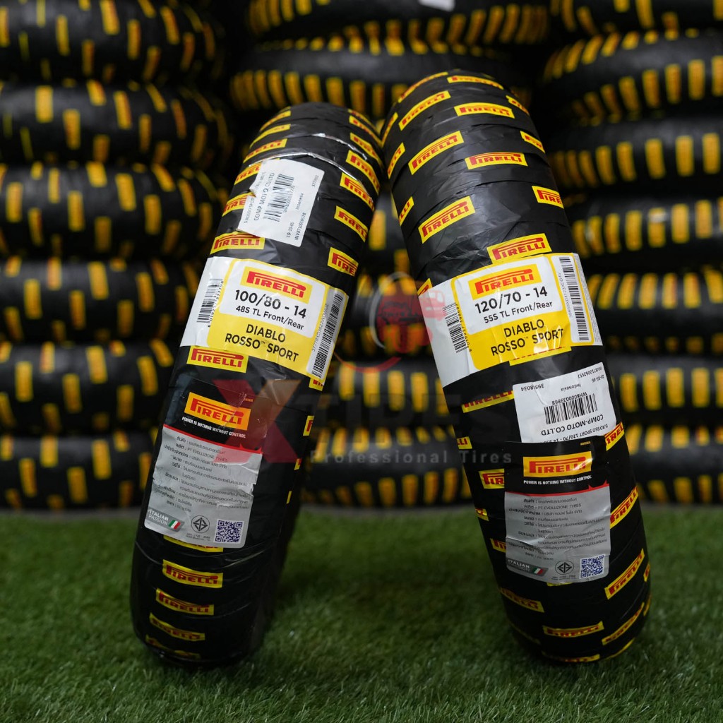 ยาง PIRELLI ขนาด 100/80-14 + 120/70-14 (คู่หน้า+หลัง) ฟรีจุ๊บลมยาง รุ่น ...