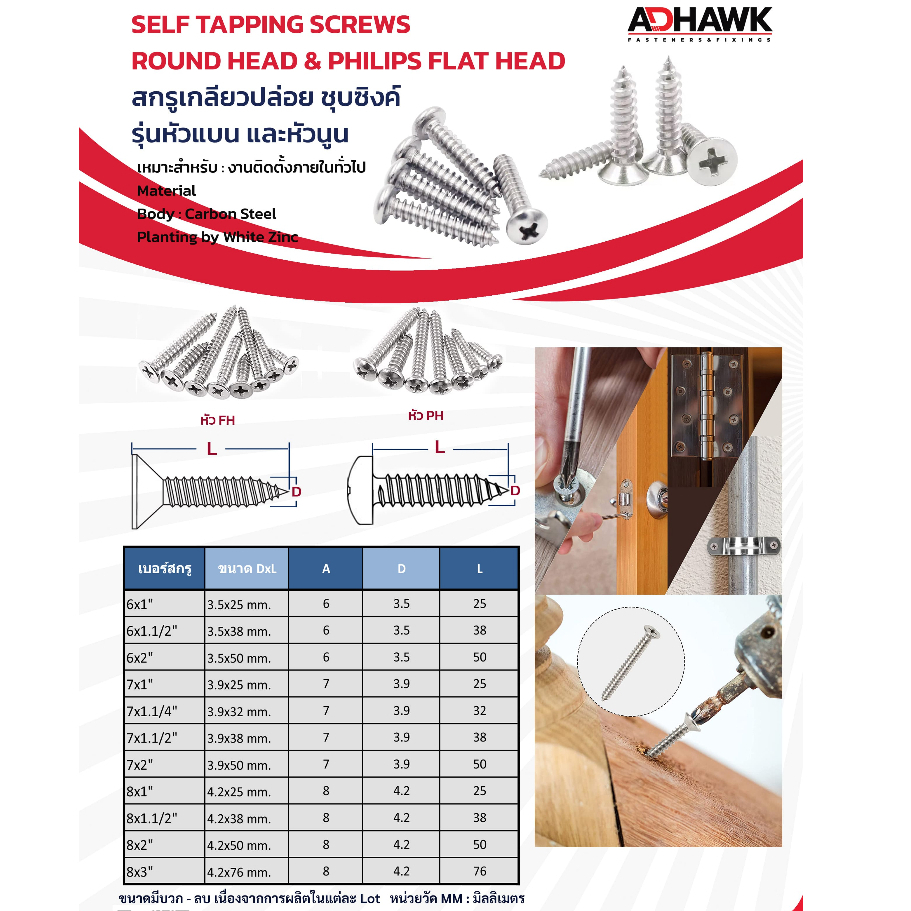 adhawk-สกรูเกลียวปล่อย-zinc-หัวกลมph-เบอร์-7-3-9-mm