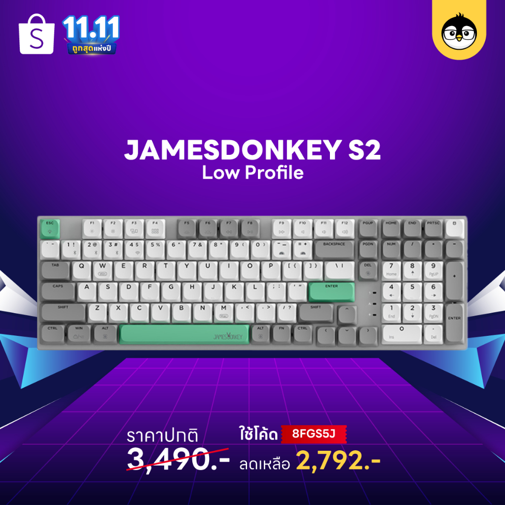 โค้ด-8fgs5j-ลด20-jamesdonkey-s2-low-profile-mechanical-keyboard-คีย์บอร์ดไร้สาย-3-mode-james-donkey
