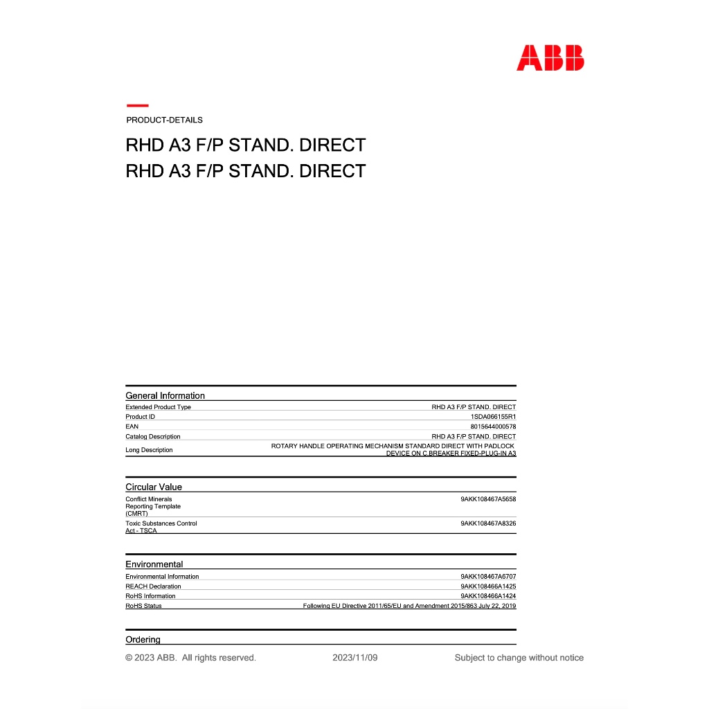 ABB ลูกบิดมือหมุนติดหน้าตู้ RHD A3 Rotary Handle Operating Stand ...