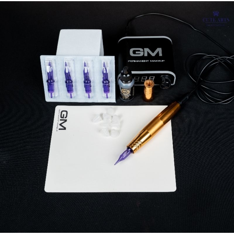 เซ็ตอุปกรณ์ฝึกสักคิ้วสไลด์-อย่างดี-tattoo-pen-gm-mini-powersupply-สีgm-hanafy-1rl-หนังเรียบgm-ชุดฝึกสักคิ้วสไลด์