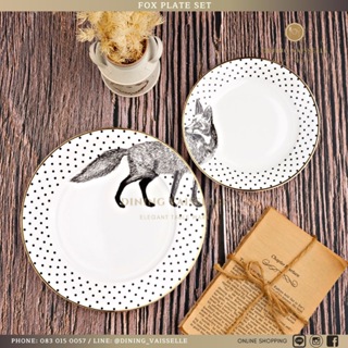 ชุดจานลายจิ้งจอกขอบทอง Fox plate set สวยมาก ขนาด6นิ้ว และ8นิ้ว เนื้อFine Bone plateขาวใสอย่างดี อุปกรณบนโต๊ะอาหาร