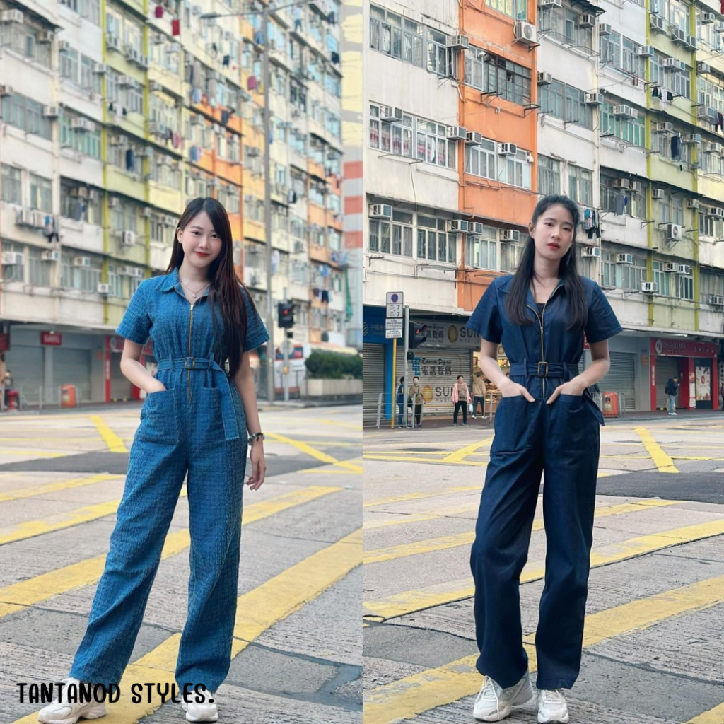 ชุดจั๊มยีนส์ ขายาว มีเข็มขัด ผ้ายีนส์