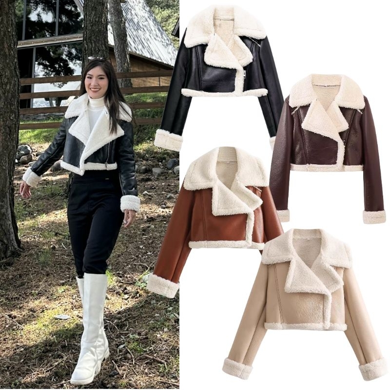 พร้อมส่ง 4สี เสื้อโค้ทหนังทรงครอปบุขนกันหนาว T123 | Shopee Thailand