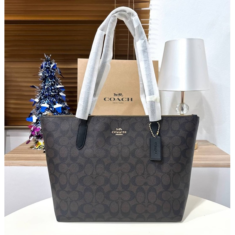 พร้อมส่ง [สดผ่อน]Coach Zip Top Tote In Signature Canvas/Brown Black