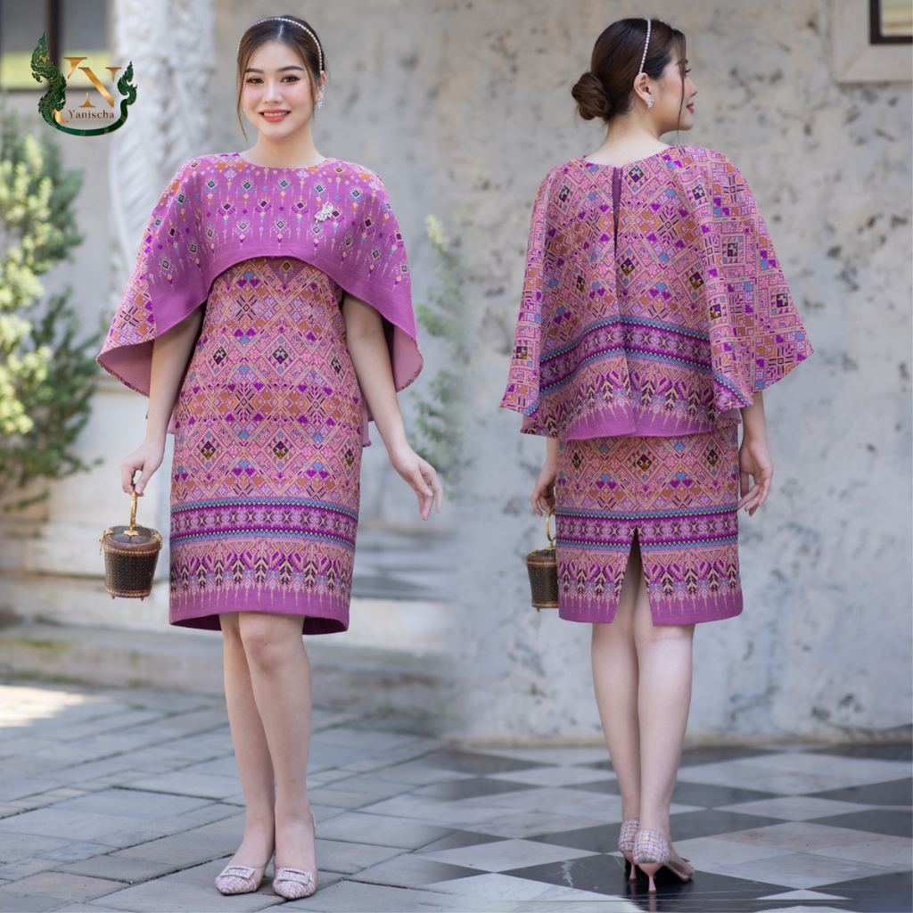 เดรสผ้าไหมเมขลา ทรงปีกผีเสื้อ สีชมพู ชุดออกงาน ไปวัด ทำบุญ ไซส์ M-4XL มุมมองที่ 2